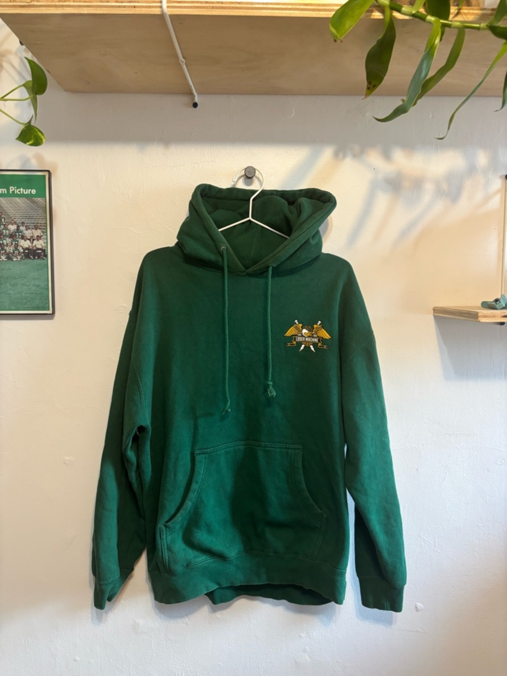 Dark Green Men's Pullover Hoodie with Embroidered Crest